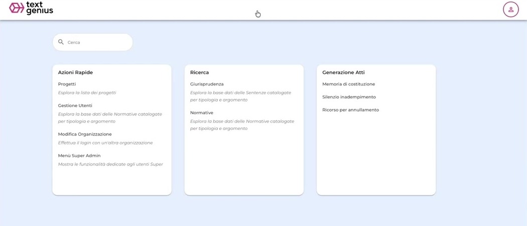 TextGenius - dashboard con azioni rapide, ricerca e generazione atti