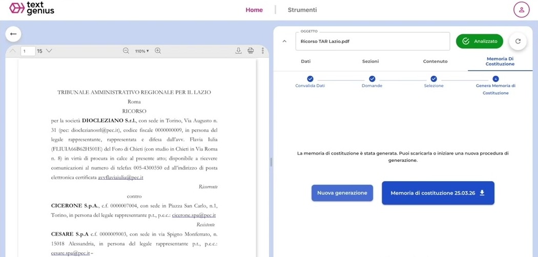TextGenius - generazione memoria di costituzione