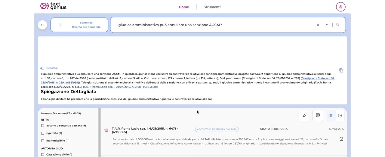 TextGenius - ricerca per domanda con risposta motivata e sentenze